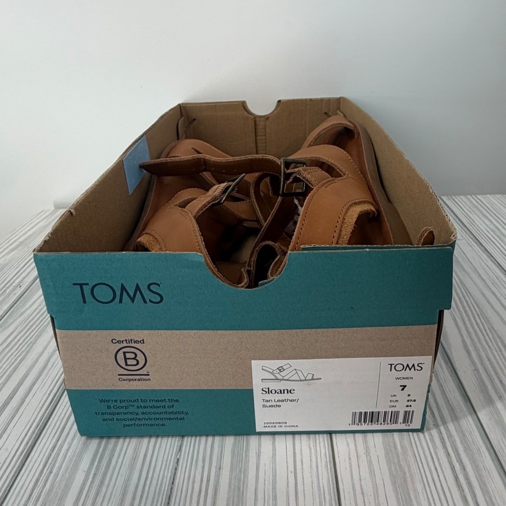TOMS Sloane Women Tan Leather Suede Multi Strap Flat Sandals 10020808 Size 7